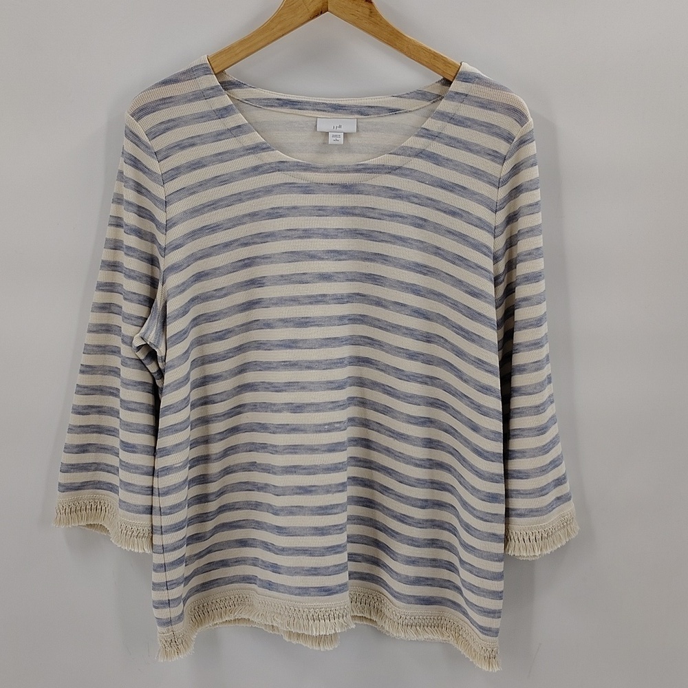 J. Jill Pullover Top Size Large Petite Blue Cream Stripe Fray Hem Quarter Sleeve